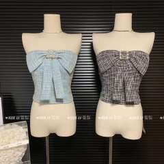 抹胸女韓系新款鑽扣蝴蝶結裝飾設計感春季小香風性感收腰短款上衣
