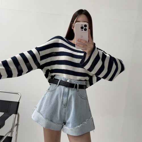 24 spring and summer chci Korean striped sun protection long-sleeved T-shirt knitted sweater design backless air-conditioning shirt 6227