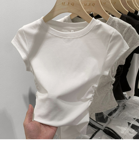 Short-sleeved T-shirt design niche pleated waist top irregular curved hem T-shirt