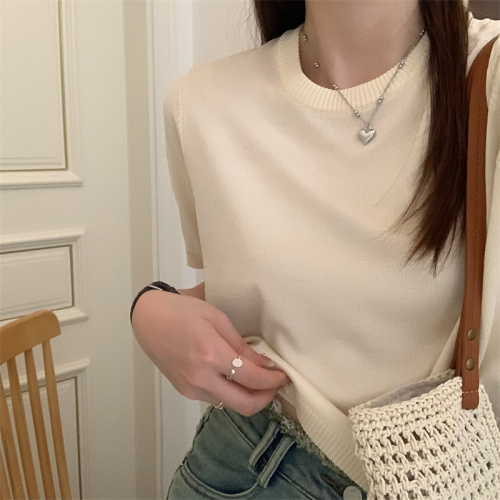 Actual shot ~ Summer new macaron color simple basic versatile knitted round neck short-sleeved top