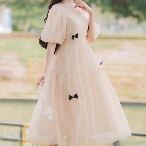 新款夏季泡泡袖连衣裙茶系蝴蝶结网纱法式桔梗凡尔赛仙女裙