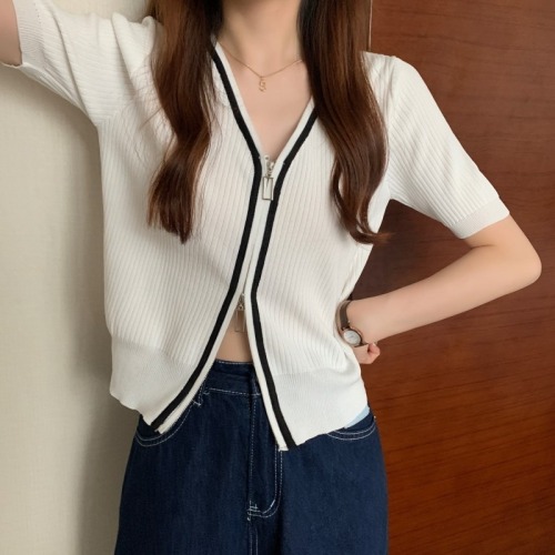 Korean design niche double zipper short-sleeved knitted cardigan for women summer new slimming bottoming shirt top