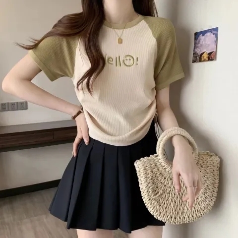 Ice Silk Thread# Raglan short sleeve drawstring T-shirt for women