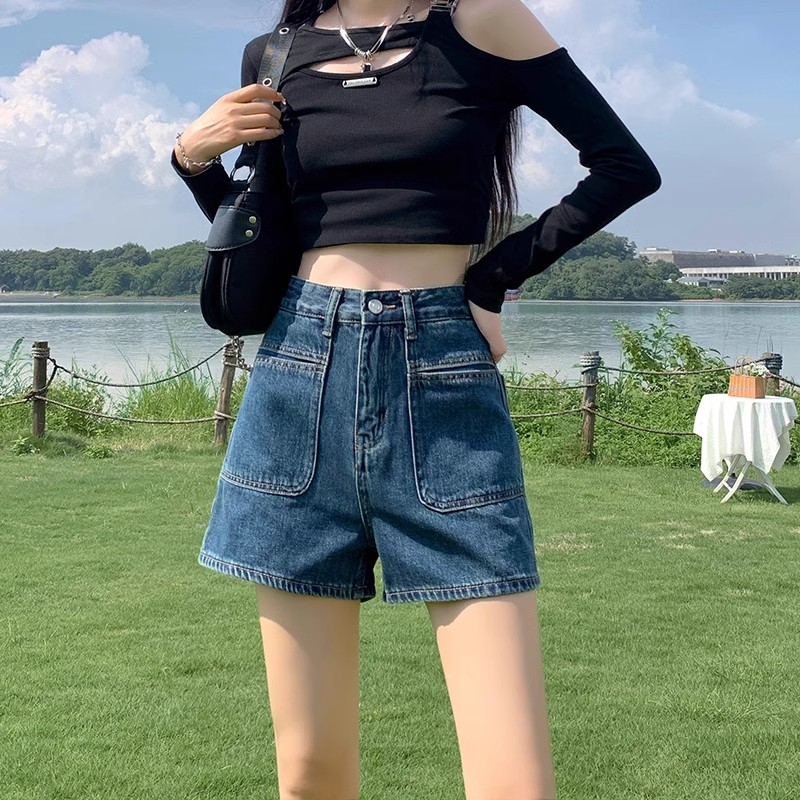 夏季新款美式設計感高腰a字寬鬆顯瘦百搭辣妹闊腿牛仔褲