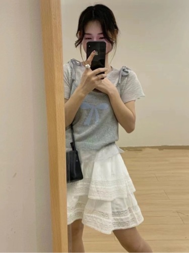 韩版蝴蝶结针织吊带背心女夏季新款减龄薄款显瘦短袖T恤两件套装