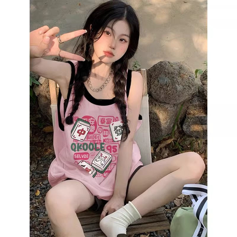 夏季撞色拼花運動休閒背心女 純棉