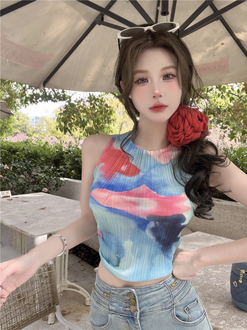 實拍~辣妹多巴胺金魚印花無袖設計感修身背心褶皺短款上衣女