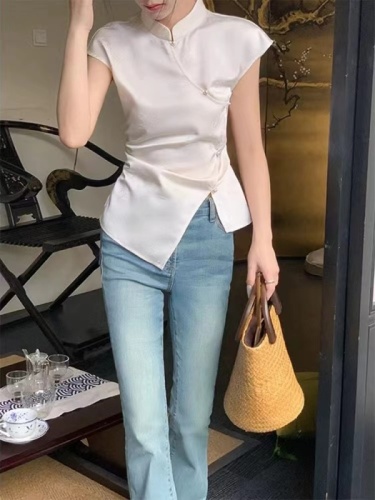 米白色无袖新中式国风T恤女2024夏季新款修身显瘦设计感别致上衣