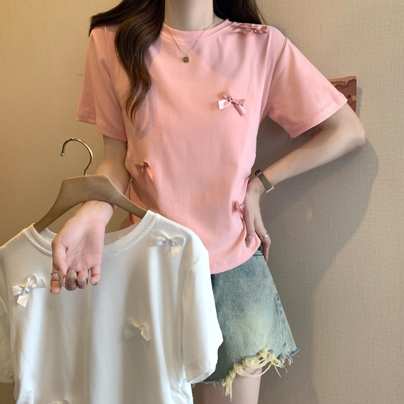 實拍立體蝴蝶結正肩大碼女裝短袖T恤女設計感ins短上衣款夏季新款