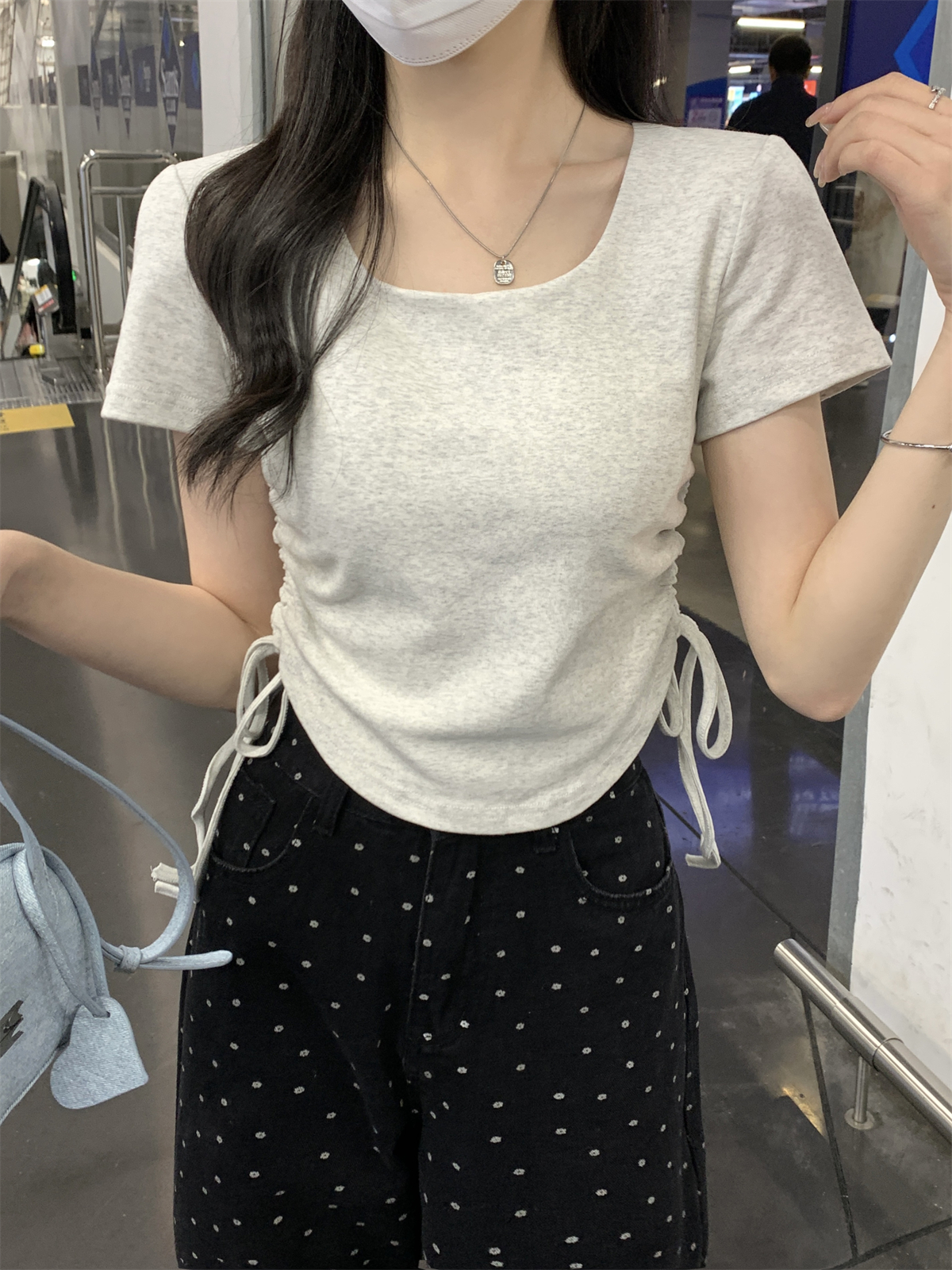 實拍 夏季韓版方領正肩抽繩顯瘦百搭含胸墊純棉短袖T恤上衣女