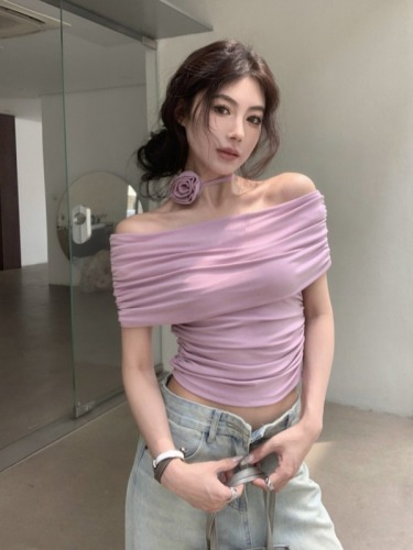 Real shot of Xia Pure Sexy Hot Girl Style One Shoulder Short Sleeve T-shirt Women's Slim Elastic Short Flower Top