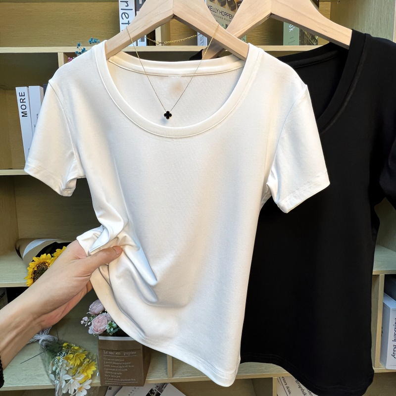Large size right shoulder white t-shirt short sleeve summer new U-neck slim top design slim fashion T-shirt