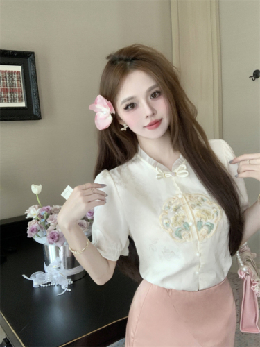 Real shot 2024 new Chinese style heavy industry embroidered short-sleeved shirt for women summer national style lace chiffon shirt short-sleeved top