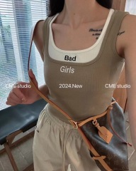 撞色假兩件刺繡背心女2024夏季新品U領設計感小眾打底衫上衣ins潮