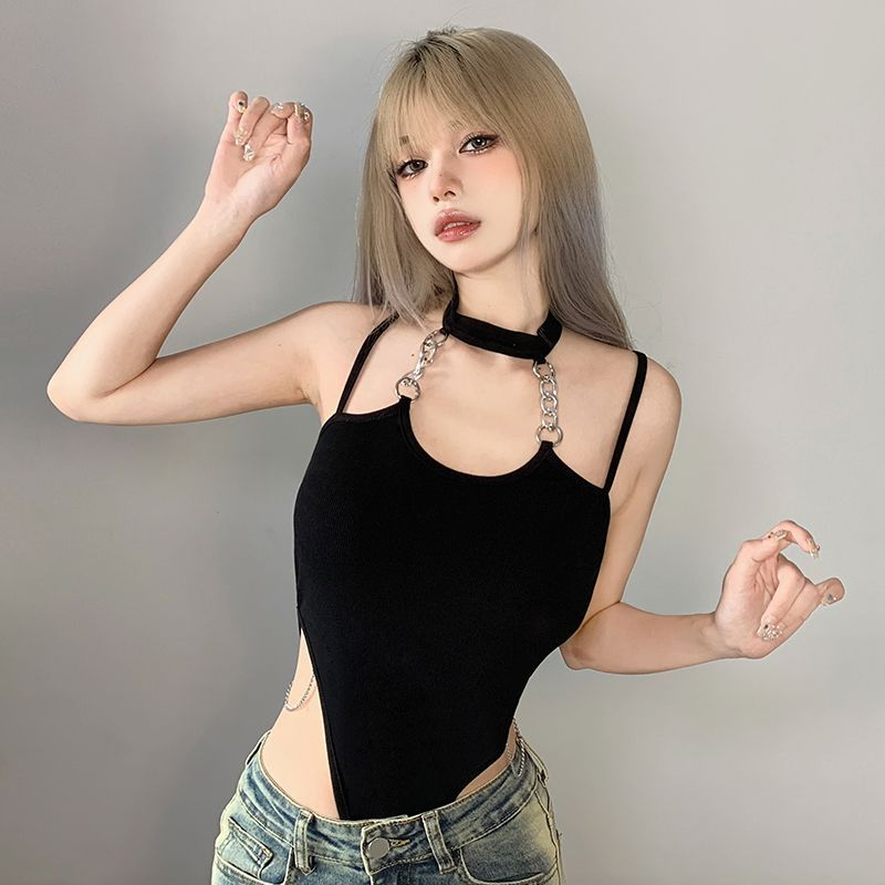 夏季純欲辣妹輕熟風鏈條露腰性感吊帶連身衣女黑色修身性感上衣女