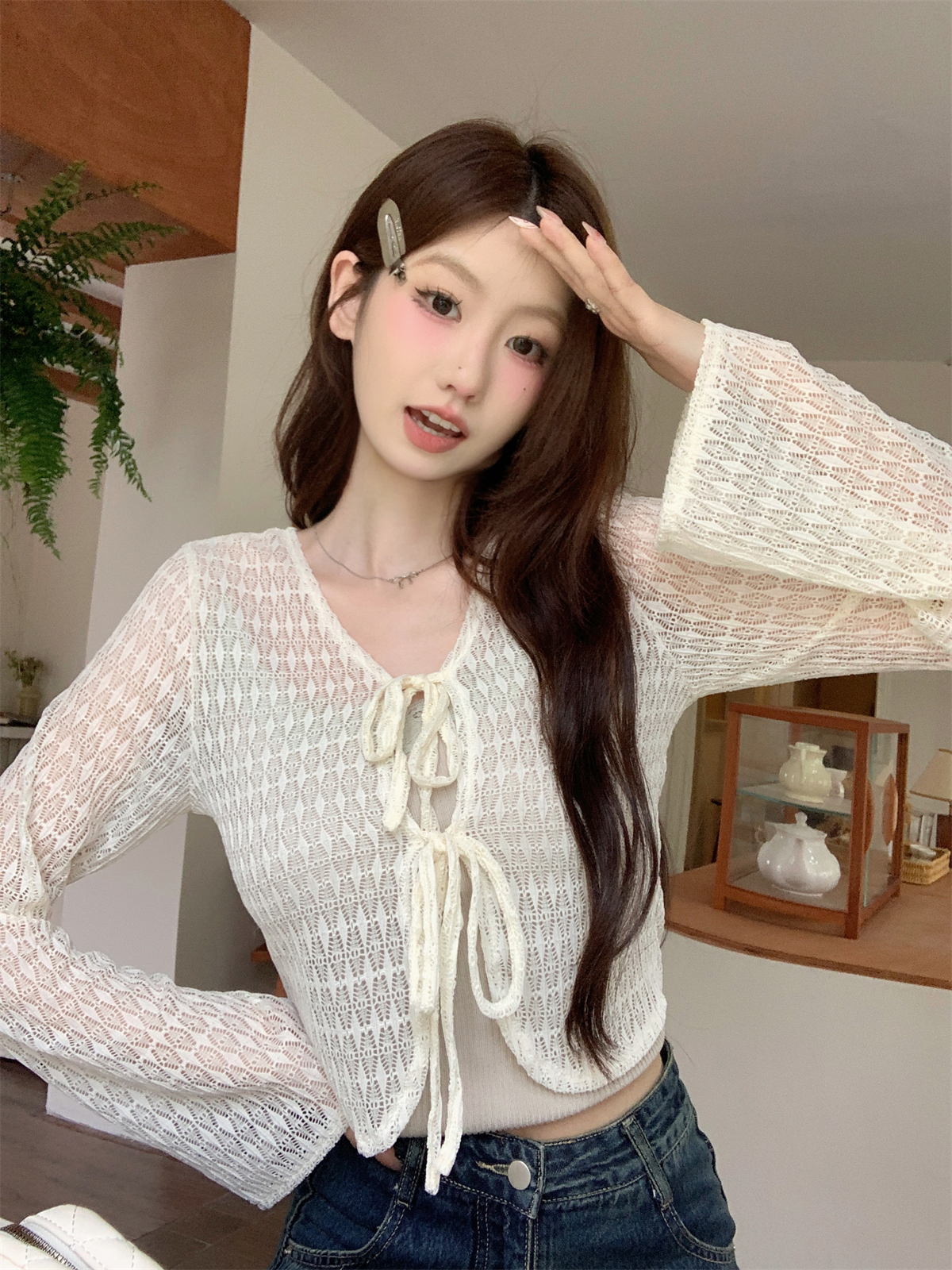 Summer Korean Style V-Neck Tie Bowknot Bell Sleeve Open Top Thin Sun Protection T-Shirt Top for Layering