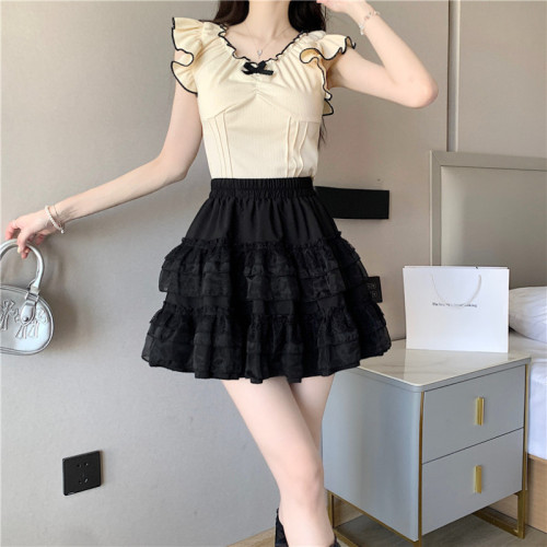 Real photo of lace cake A-line short skirt high waist white mesh skirt for women