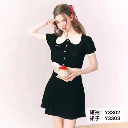 2024 new summer style French doll collar color-blocked buttoned short-sleeved + short skirt set two-piece set