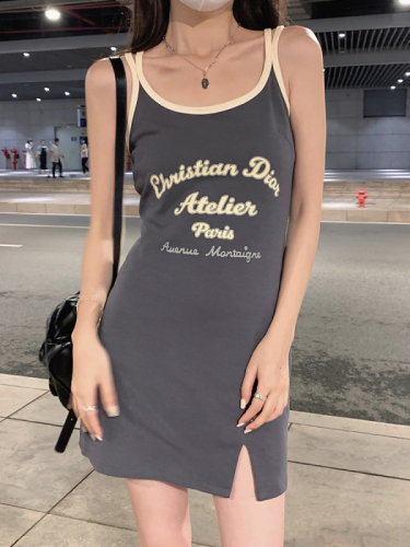 Real shot of retro letter suspender dress for women in summer, stylish waist slimming slit short skirt