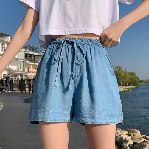 Real shot of plus size Tencel denim shorts for women, summer thin, loose, bud, high waist, slimming, wide leg, ice silk five-point pants