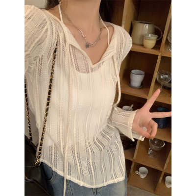 Pure lust style western style hot girl simple long-sleeved V-neck thin straps hollow sun protection blouse sweater T-shirt top for women