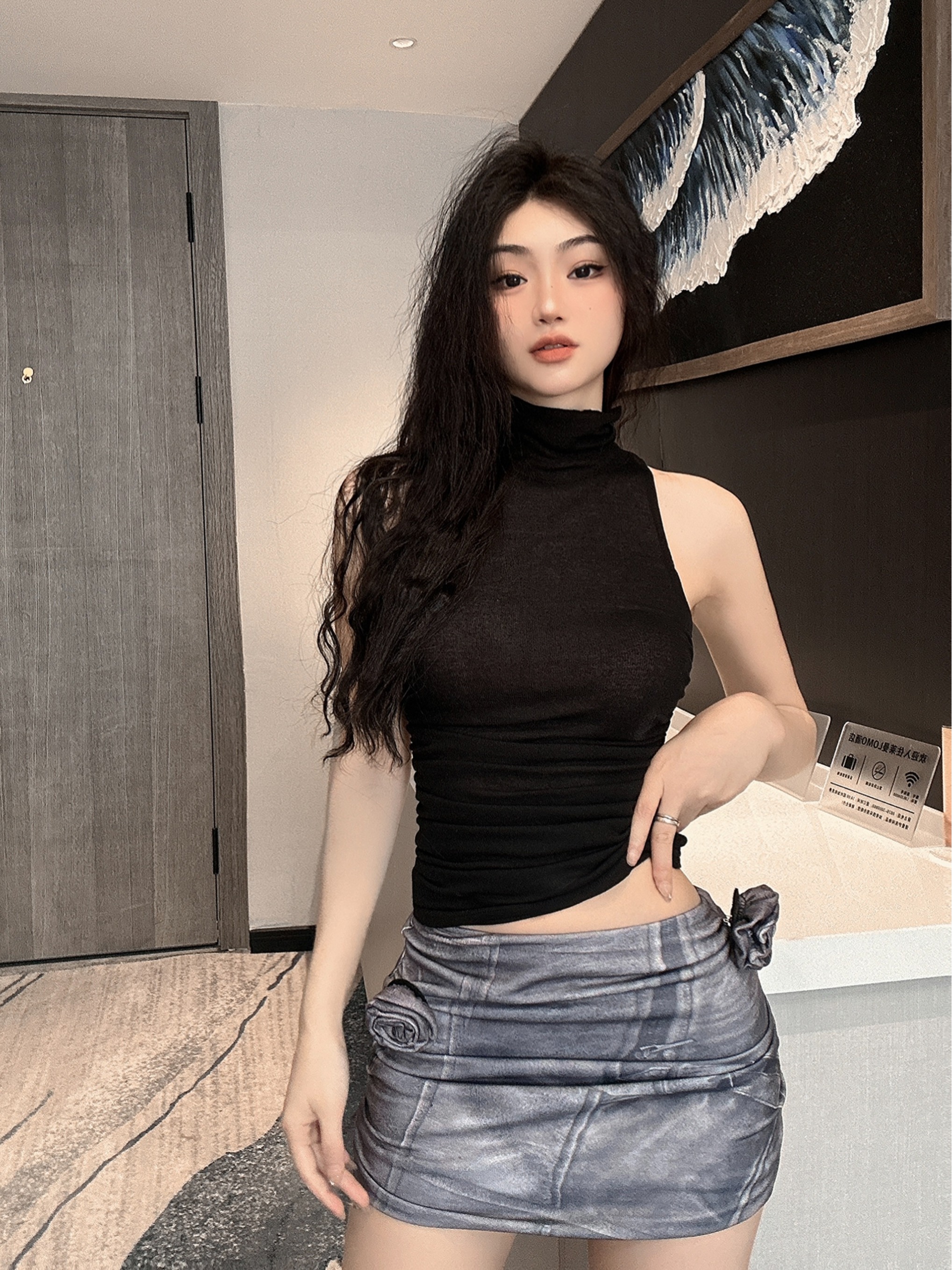 實拍~美式性感小高領無袖背心女修身顯瘦褶皺緊身辣妹上衣潮
