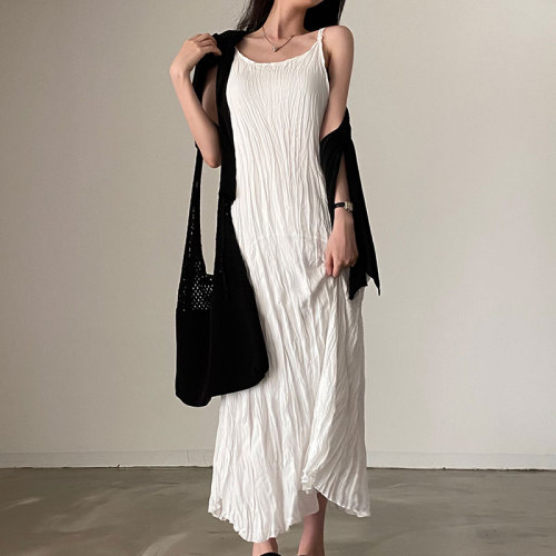 Korean chic French round neck pleated design loose casual sleeveless suspender dress long skirt