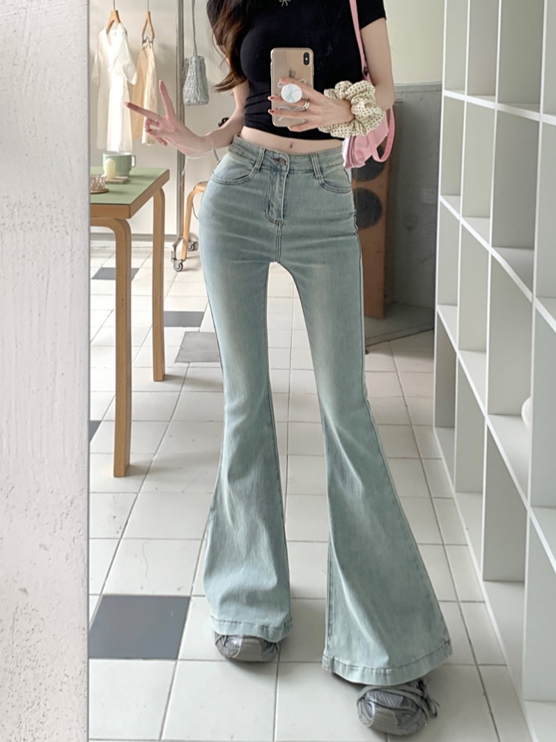 實拍#新款微彈水洗復古牛仔長褲女設計感喇叭闊腿拖地褲子