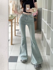實拍#新款微彈水洗復古牛仔長褲女設計感喇叭闊腿拖地褲子