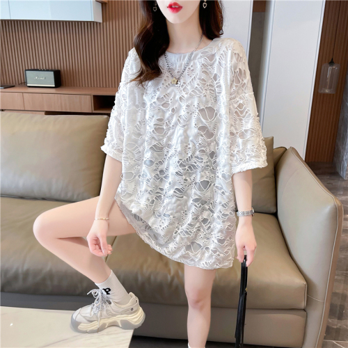 实拍2024夏季韩版宽松圆领短袖T恤女减龄慵懒风上衣