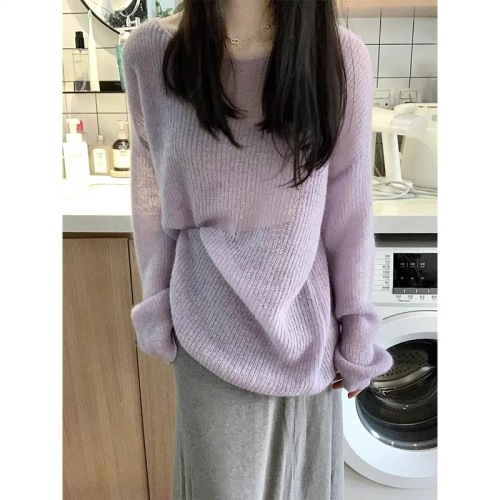 Gentle purple mohair sweater for women spring and summer loose outer wear lazy style soft waxy sweater pullover blouse top