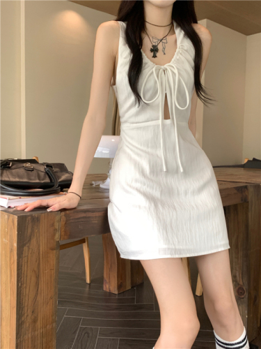 Real shot~Vest suspender dress summer white French short skirt sexy hot girl black skirt