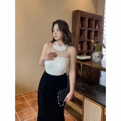 2024朦朧鏤空紗針織掛脖吊帶大碼女性感網紗拼接背心內搭吊帶純色