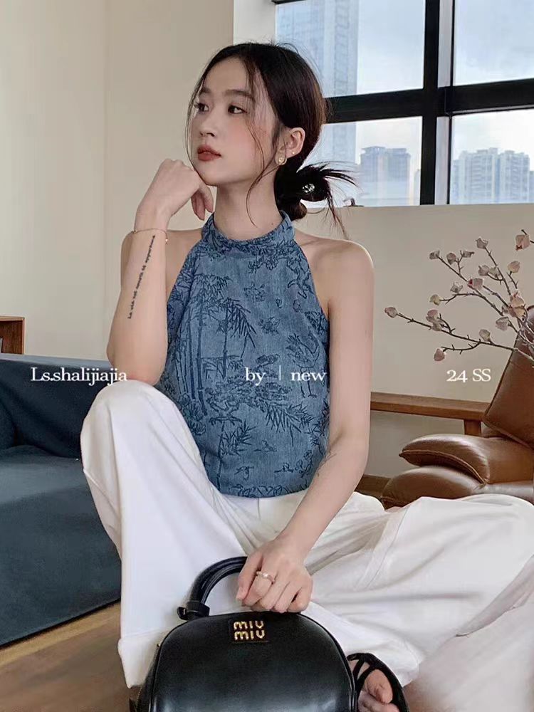 夏季新款國風浮花工藝露肩掛脖小衫女修身顯瘦短款無袖背心