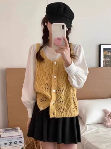 Mohair soft waxy hollow thin v-neck knitted vest cardigan for women loose outer wear spring and summer gentle layering top