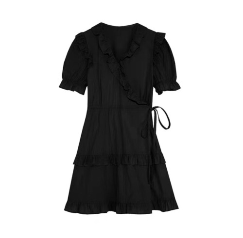 夏装大码赫本风黑色泡泡袖收腰显瘦连衣裙小个子小黑裙M-4XL200斤
