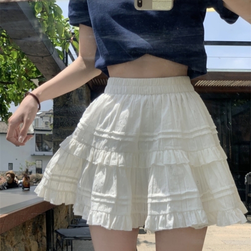 Real shot ~ Lapel bow simple loose short-sleeved T-shirt POLO elastic waist white cake skirt skirt