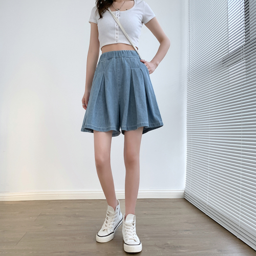 Real shot of extra large size high-waisted denim five-quarter pants skirt for women in summer fat mm wide-leg skirt mid-pants pleated women's pants for women