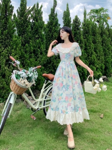 Plus size summer platycodon French floral square neck dress ruffles temperament waist slimming forest style imperial sister long skirt