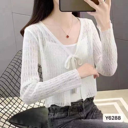 2024 new summer style sweet and spicy V-neck hollow design slightly see-through sun protection clothing cardigan top for women