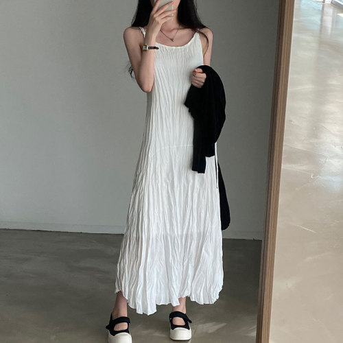 Korean chic French round neck pleated design loose casual sleeveless suspender dress long skirt