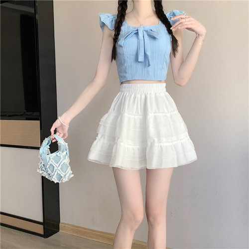 Real photo of lace cake A-line short skirt high waist white mesh skirt for women