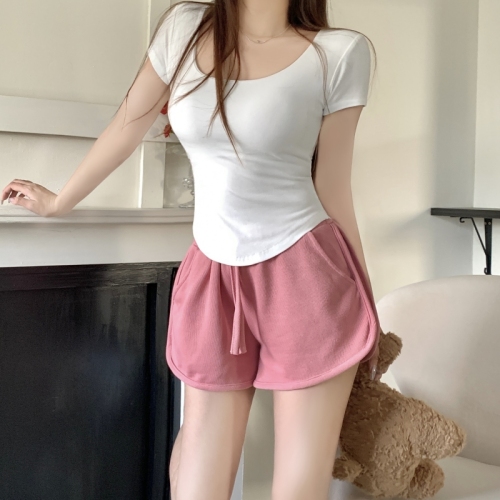 白色U领短款T恤女夏季辣妹修身显瘦ins短袖性感T恤女+短裤套装
