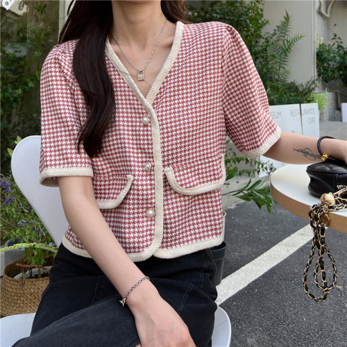 Real shot of small fragrant style shirt jacket houndstooth V-neck short style short-sleeved cardigan top ins