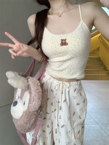 Real shot~ Bear printed lace splicing camisole + bear printed overalls and casual pants