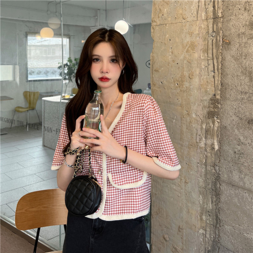 Real shot of small fragrant style shirt jacket houndstooth V-neck short style short-sleeved cardigan top ins