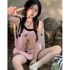 純棉夏季撞色拼花運動休閒背心女