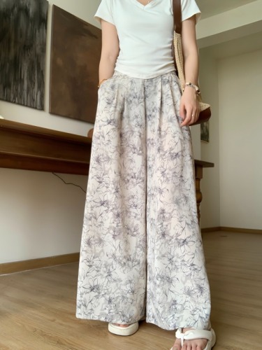 Ice silk wide-leg pants for women summer high-waist drape ink tie-dye new Chinese Zen pants lazy casual floor-length sun protection pants