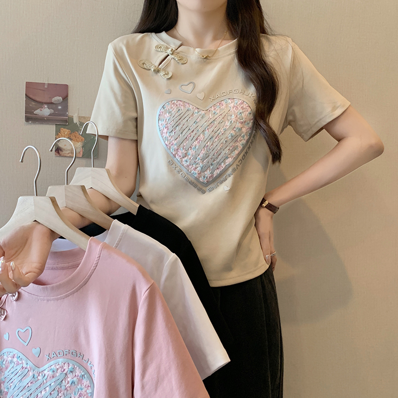 實拍大碼女裝2024夏胖mm上衣復古盤扣新中式盤扣設計感短袖T恤女