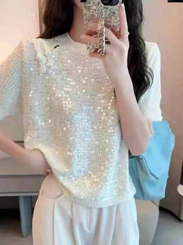 2024 Summer New Fashion New Chinese Style Hollow Disc Button Sequined Short Sleeve Tops for Women